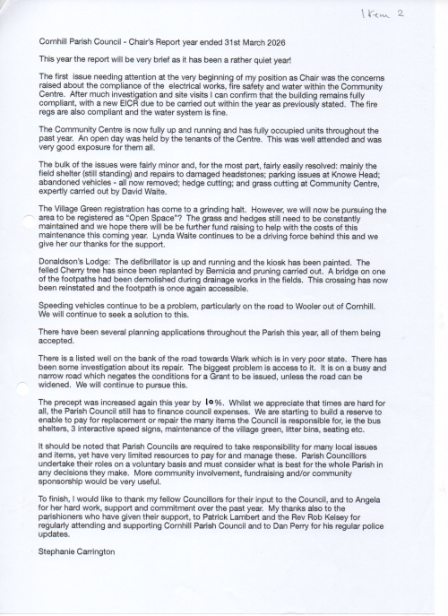 Cornhill Parish Council Chair's Annual Report 